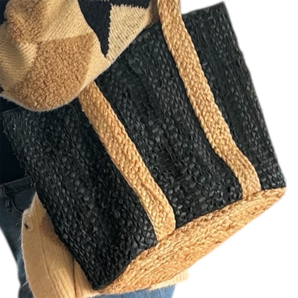 Black and Tan Woven Tote Bag Leather and Jute